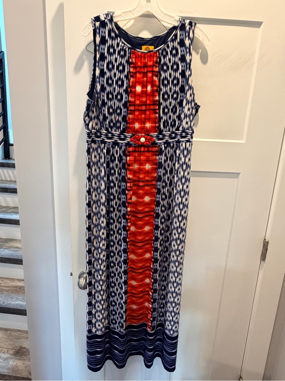 Ruby Rd Petite XL Sleeveless Maxi Dress Boho Ikat Red Blue Embellished